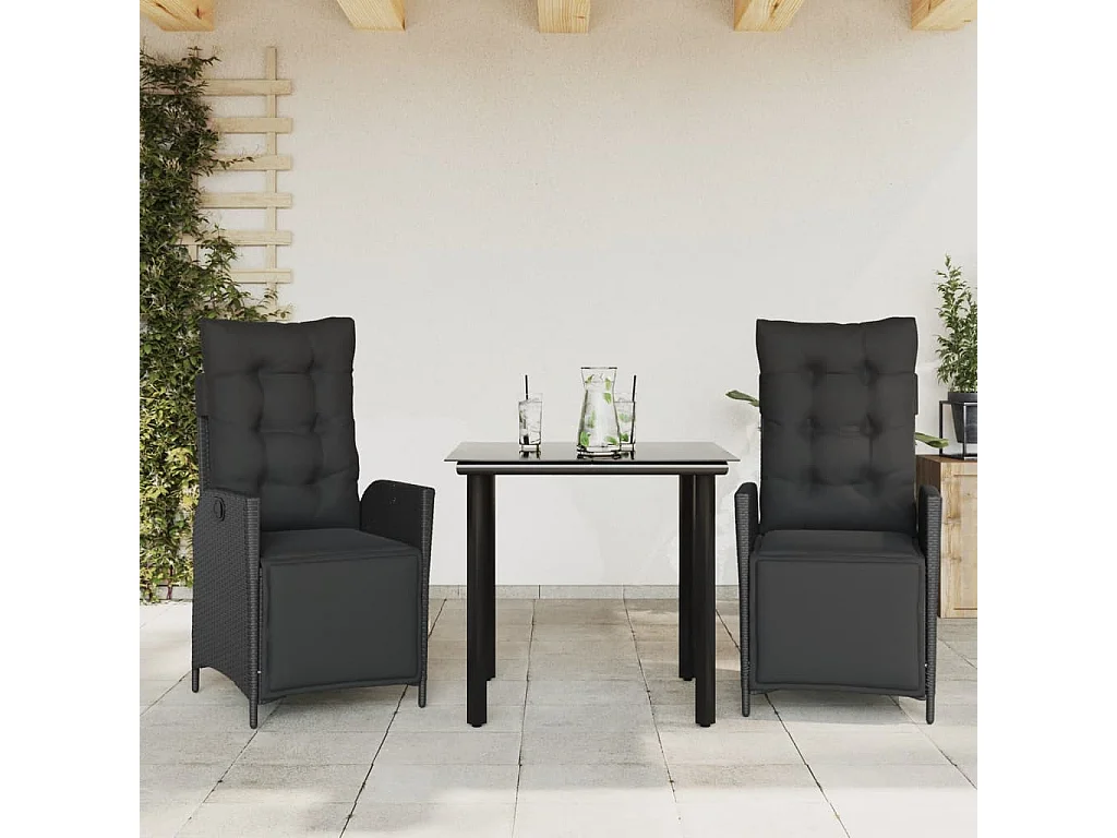 Waupun  Ensemble à manger de jardin avec coussins 3 pcs Noir