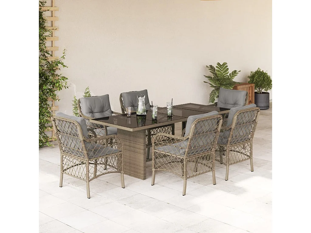 Fort Bragg  Ensemble à manger de jardin coussins 7 pcs mélange beige rotin