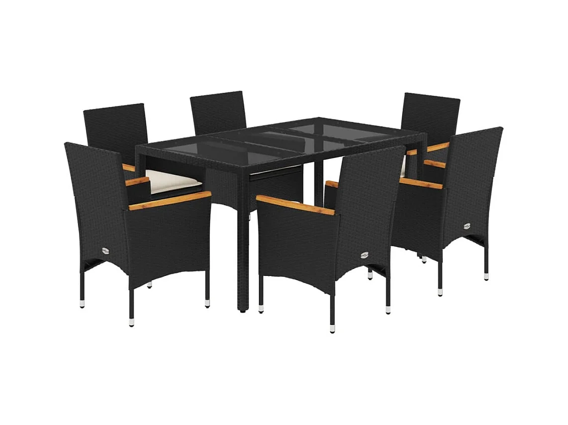 Bakersfield  Ensemble à manger de jardin et coussins 7 pcs noir rotin acacia