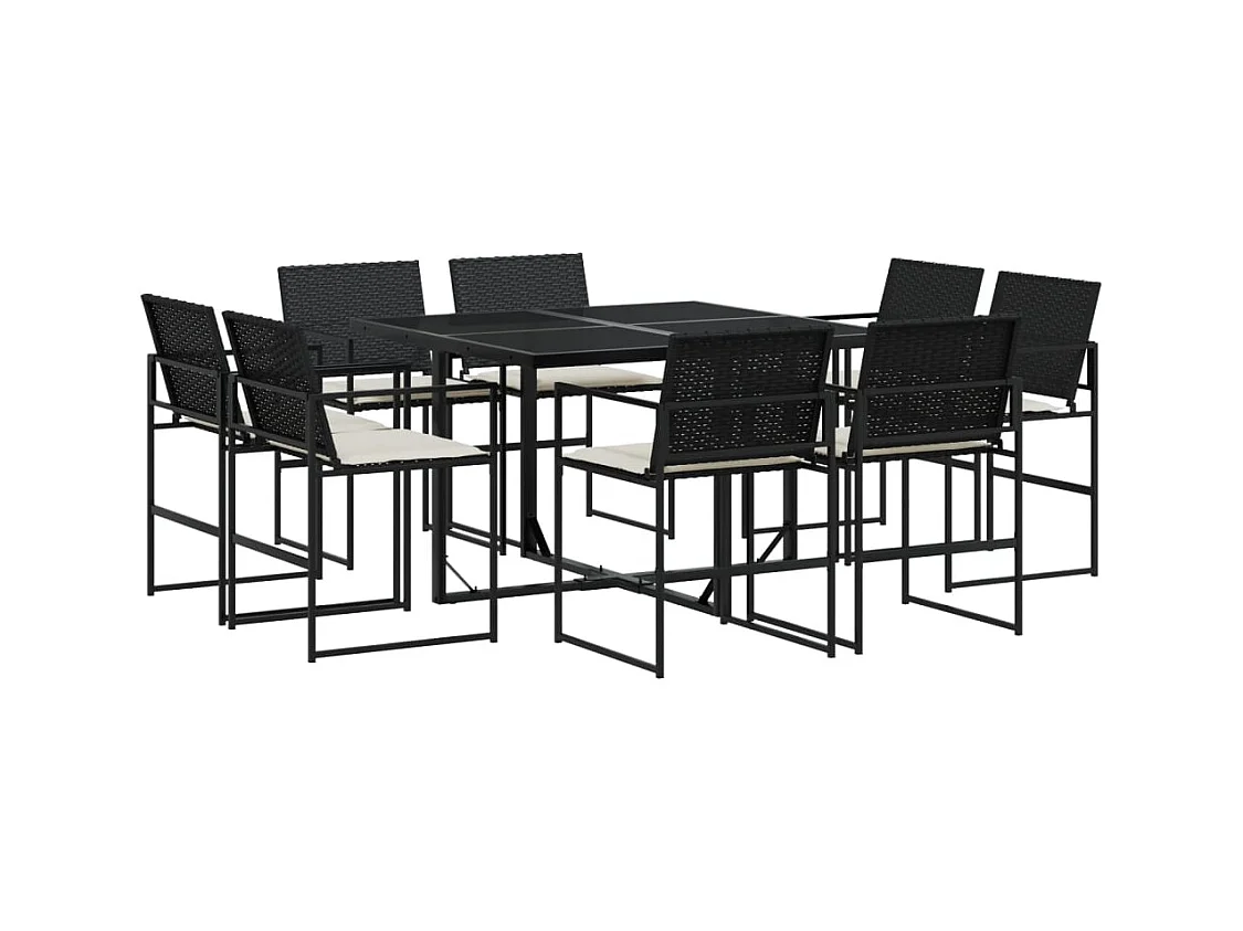 Warren  Set de comedor de jardín 9 pzas y cojines ratán sintético negro