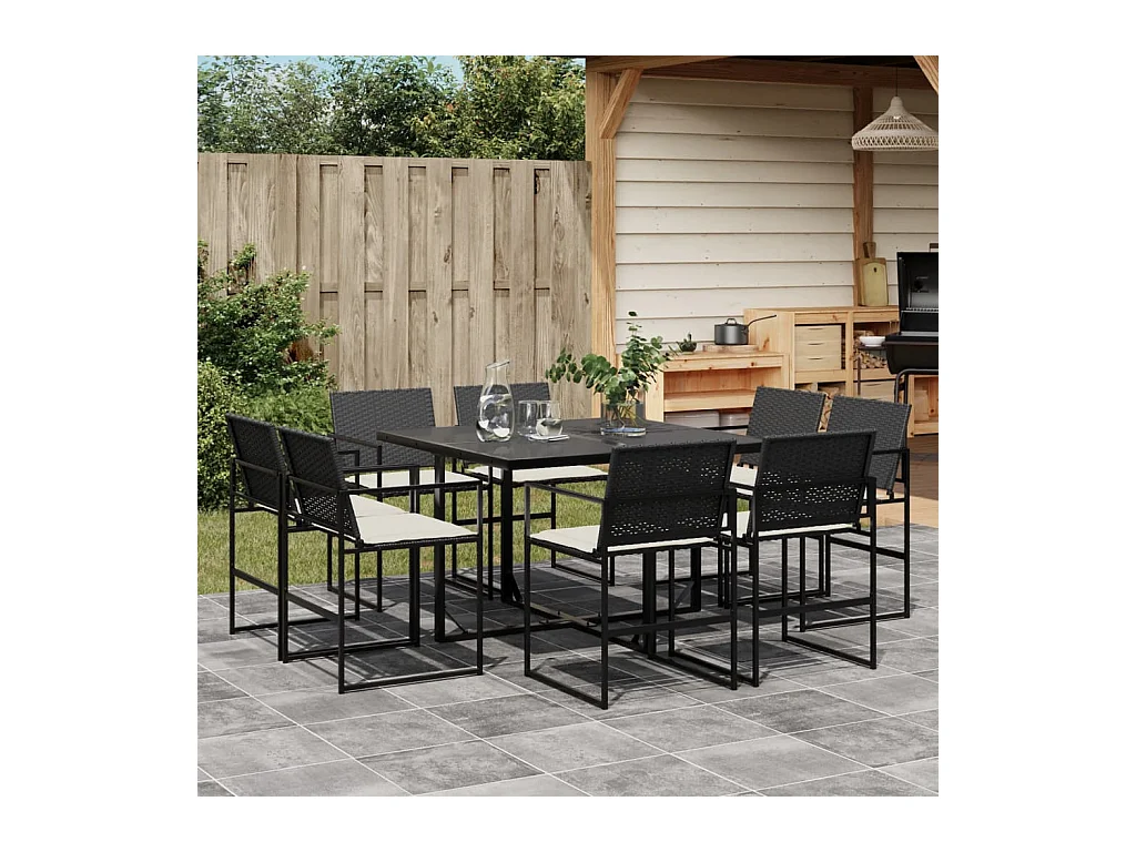 Warren  Set de comedor de jardín 9 pzas y cojines ratán sintético negro