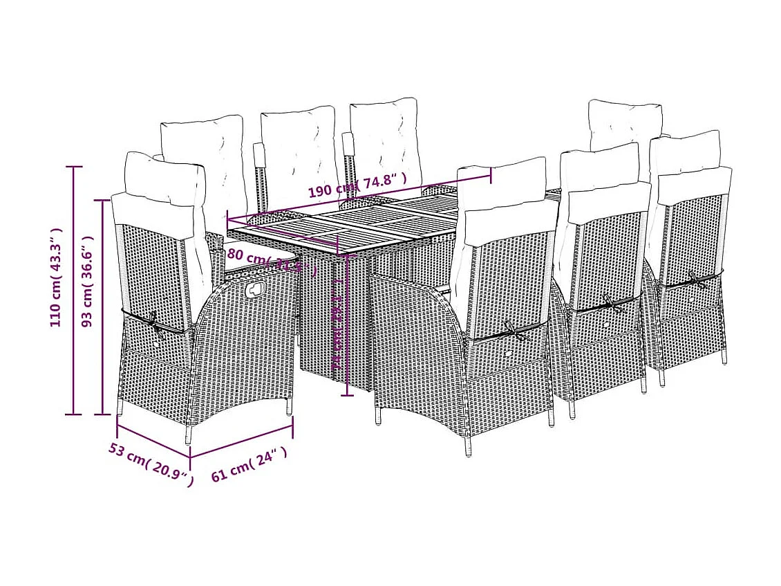 La Palma  9-delige Tuinset met kussens poly rattan grijs