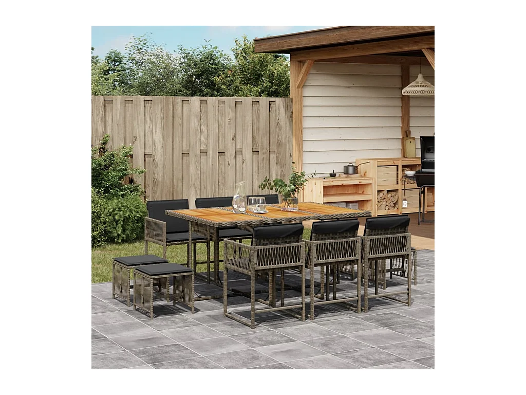 Xeli  Ensemble à manger de jardin 11pcs avec coussins gris poly rotin