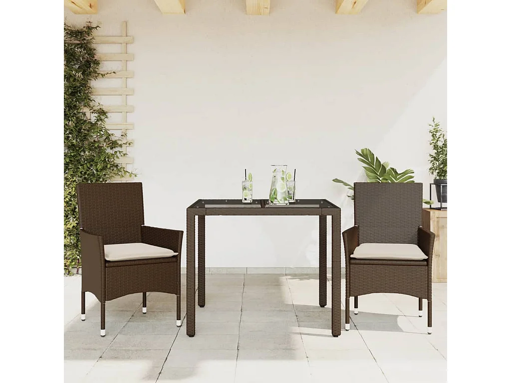 Stafford Springs  Ensemble à manger de jardin et coussins 3pcs marron rotin verre