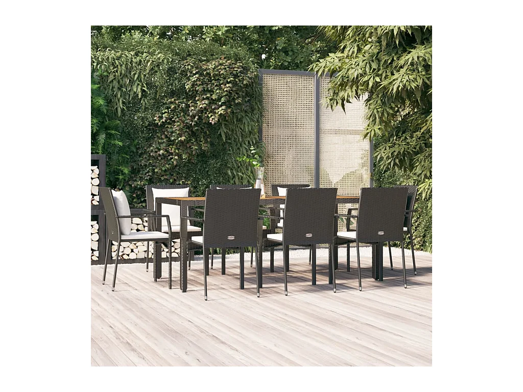 Van Buren  Ensemble à manger jardin 9pcs et coussins noir résine tressée