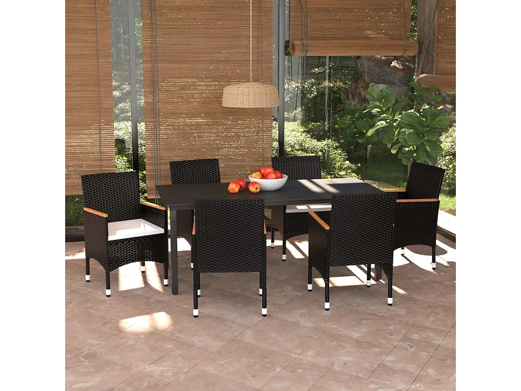 Wausau  Ensemble à manger de jardin coussins 7pcs Résine tressée Noir