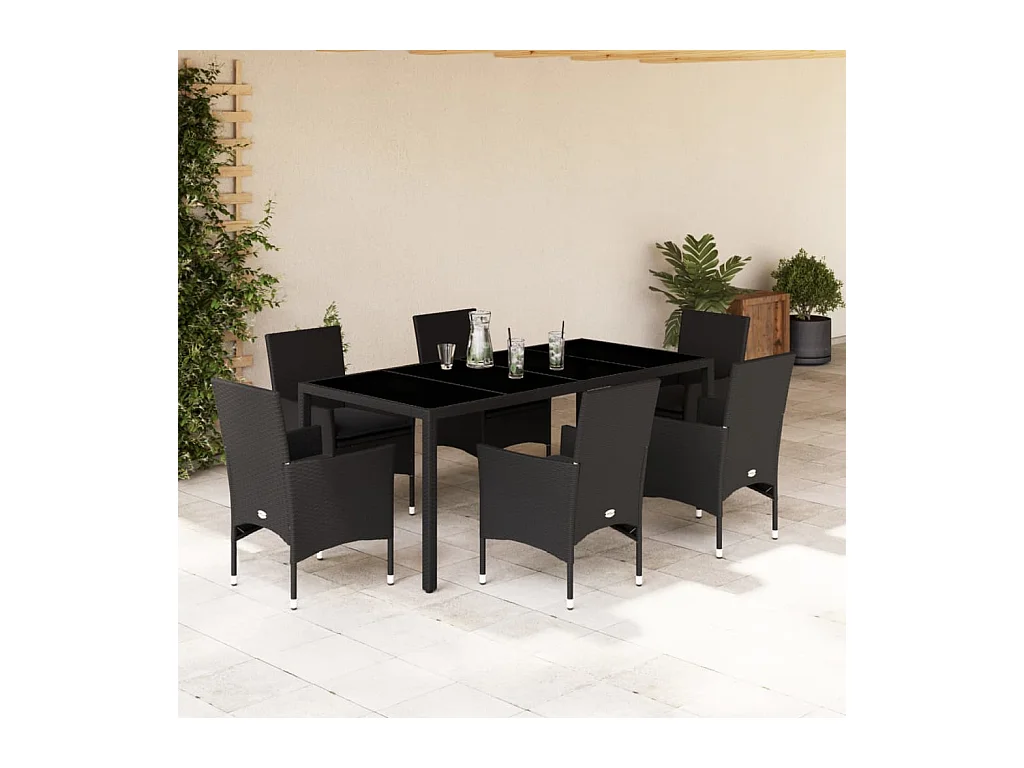 Stafford Springs  Ensemble à manger de jardin et coussins 7 pcs noir rotin acacia