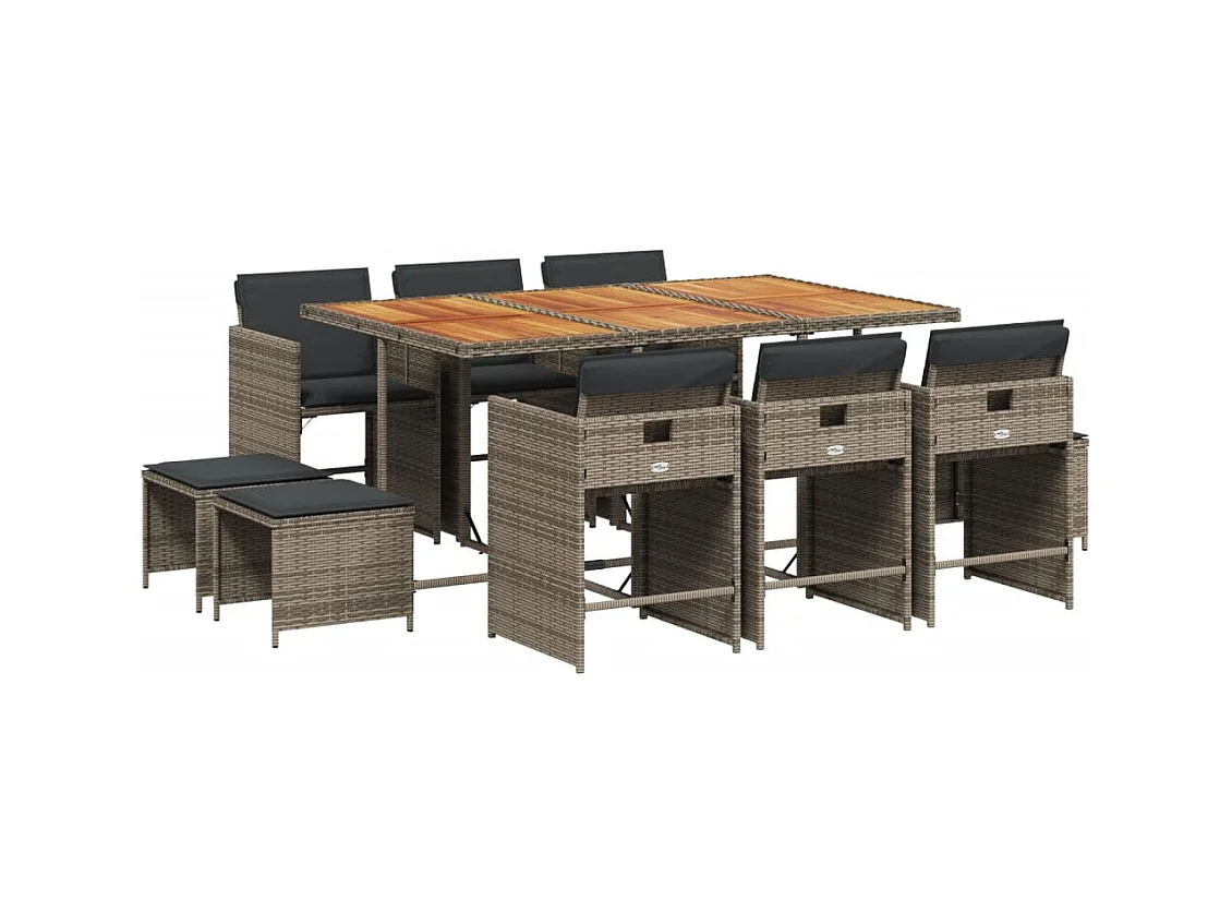 Zenn  Ensemble à manger de jardin 11pcs avec coussins gris poly rotin