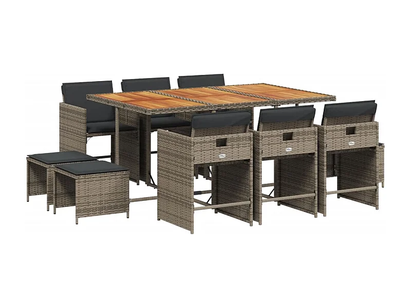 Zenn  Set de comedor de jardín 11 pzas y cojines ratán sintético gris