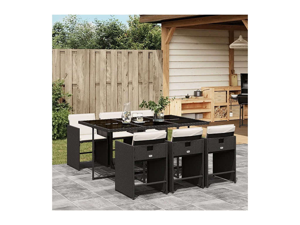 Zele  Ensemble à manger de jardin coussins 7pcs Noir Résine tressée