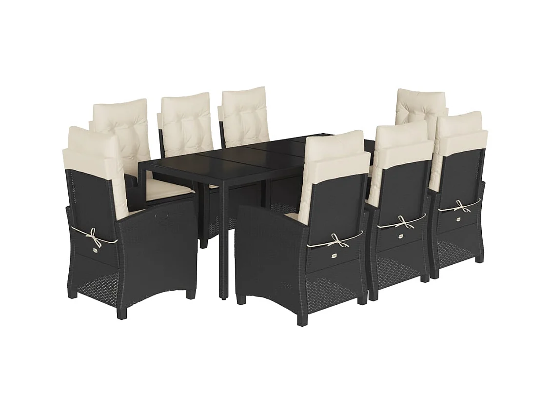 Great Bend  Set de comedor de jardín 9 pzas y cojines ratán sintético negro