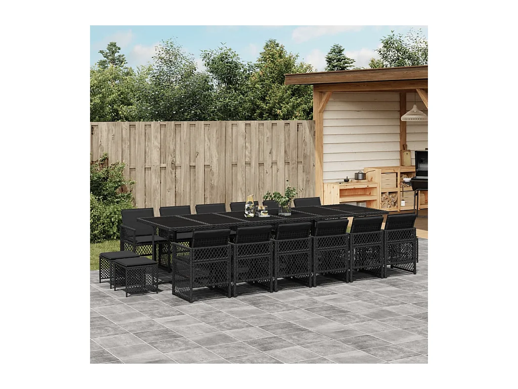 Lubbeek  Ensemble à manger de jardin 17 pcs coussins noir résine tressée