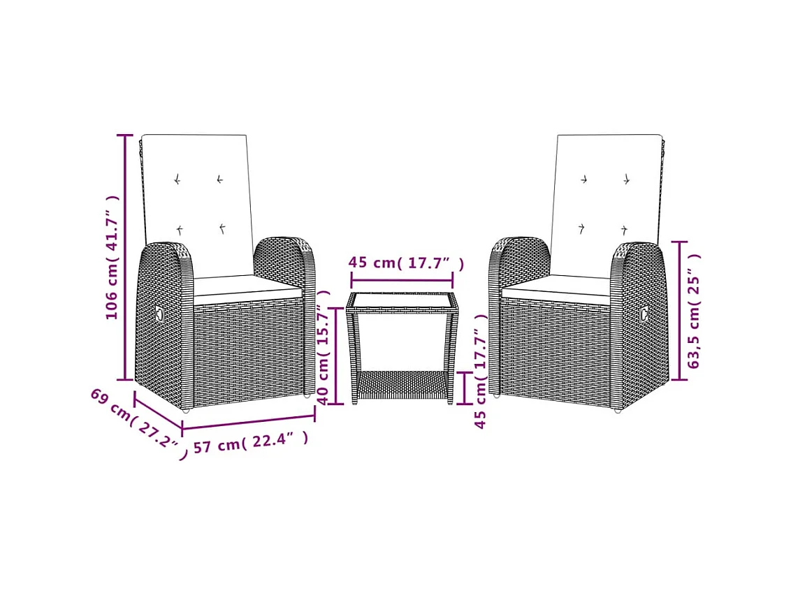 Pjorik  Ensemble à manger de jardin 3 pcs coussins gris résine tressée