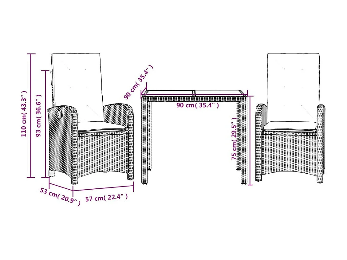 Prolenta Premium -  3-delige Tuinset met kussens poly rattan zwart