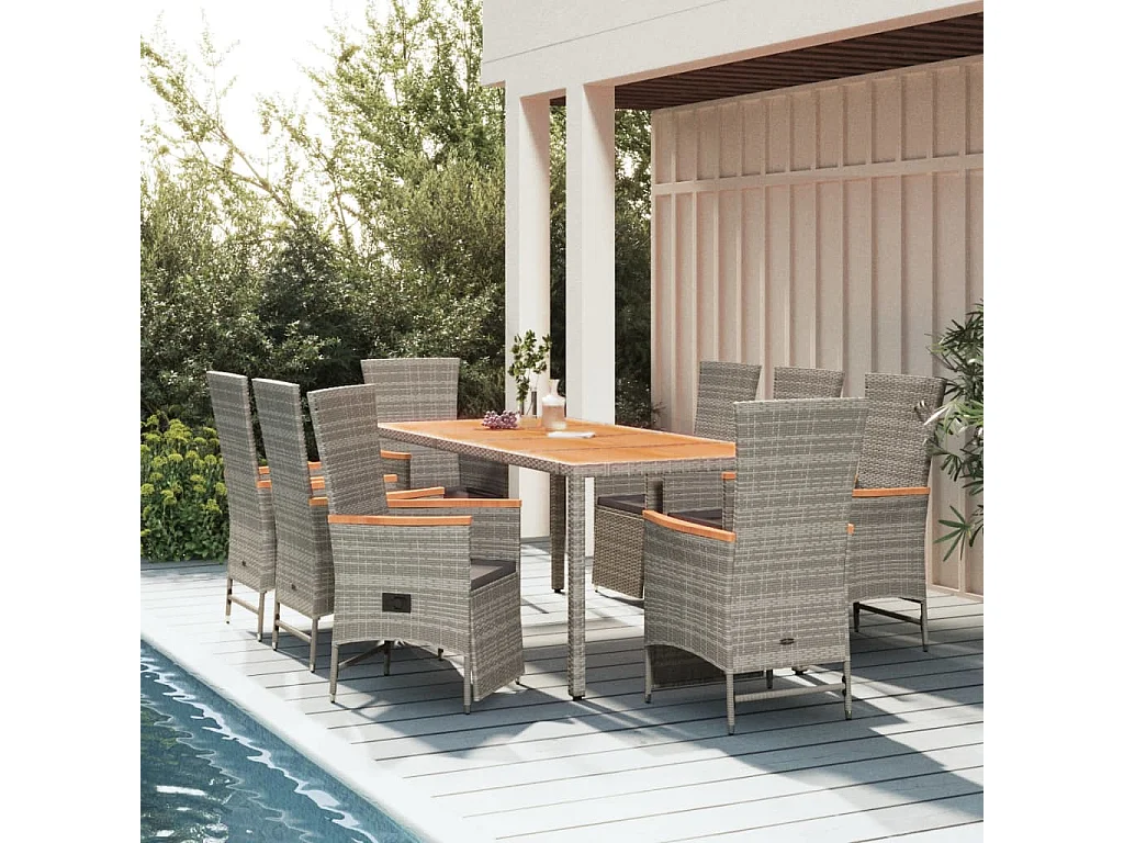 Valentin  Ensemble à manger de jardin 9 pcs coussins gris résine tressée