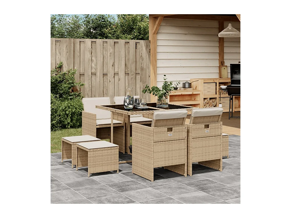 Bonno  9-delige Tuinset met kussens poly rattan beige