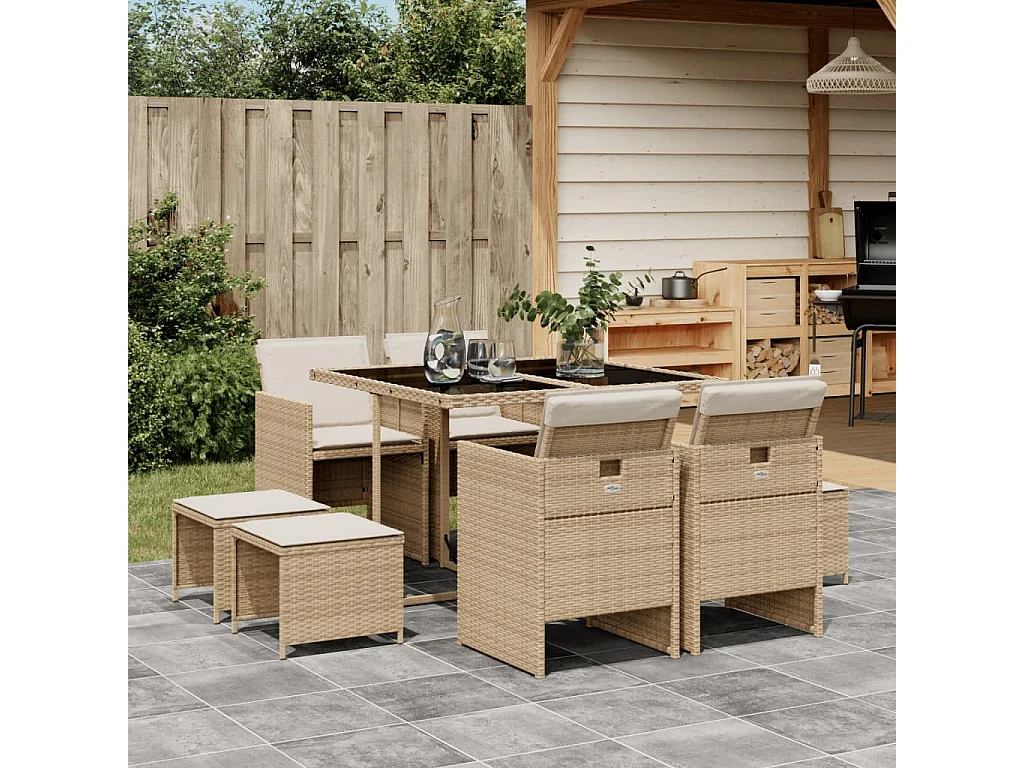 Bonno  Set comedor de jardín 9 pzas con cojines ratán sintético beige