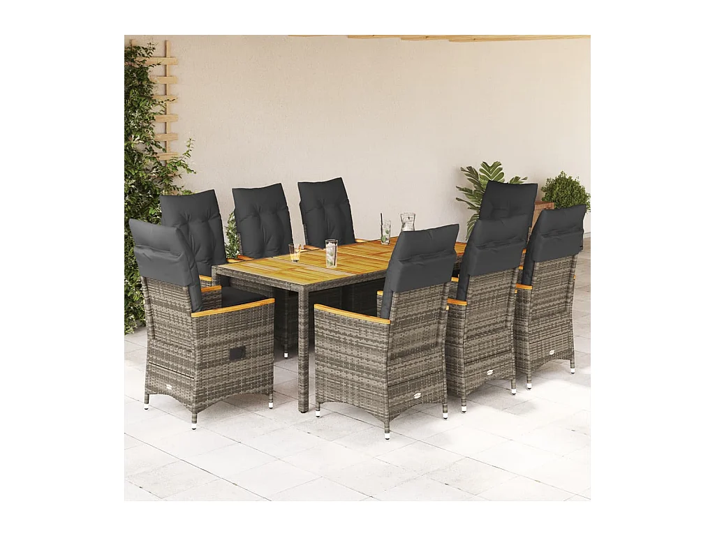 Staunton  Ensemble à manger de jardin 9 pcs coussins gris résine tressée