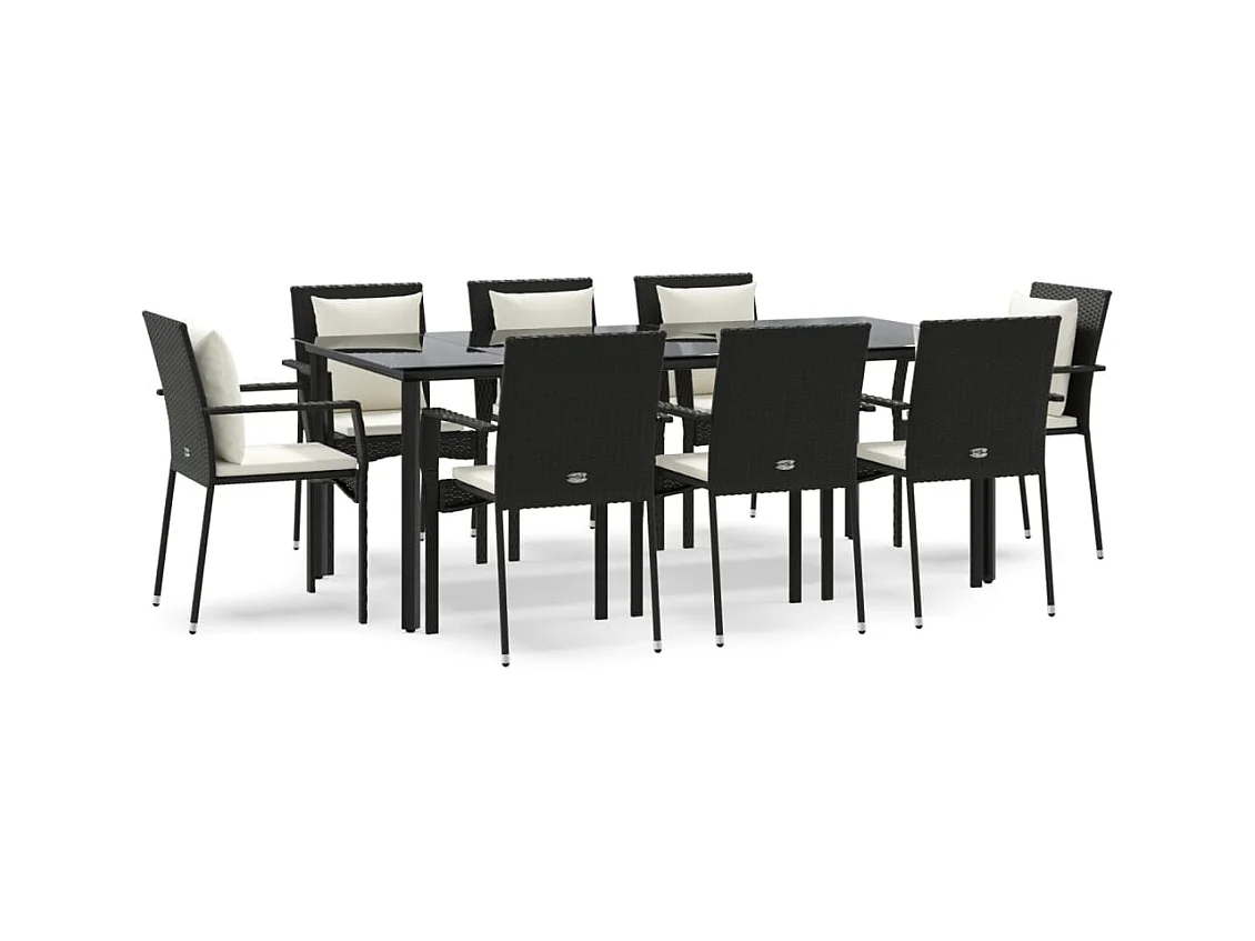 Rhett Logan  Set de comedor de jardín 9 pzas y cojines ratán sintético negro