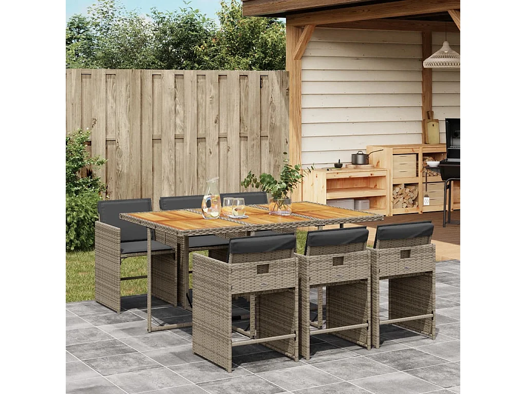 Zele  Ensemble à manger de jardin et coussins 7 pcs gris rotin