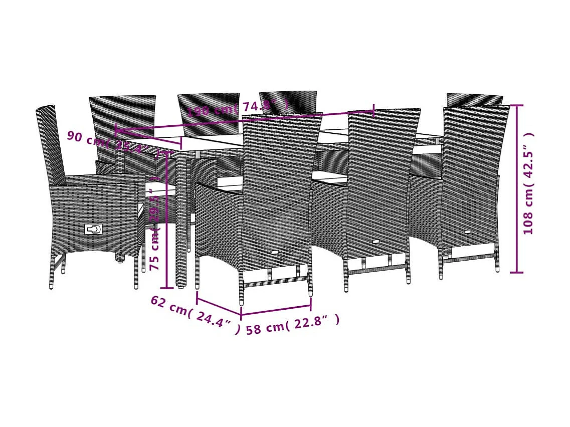 Barnesville  Ensemble à manger de jardin et coussins 9 pcs beige Poly rotin