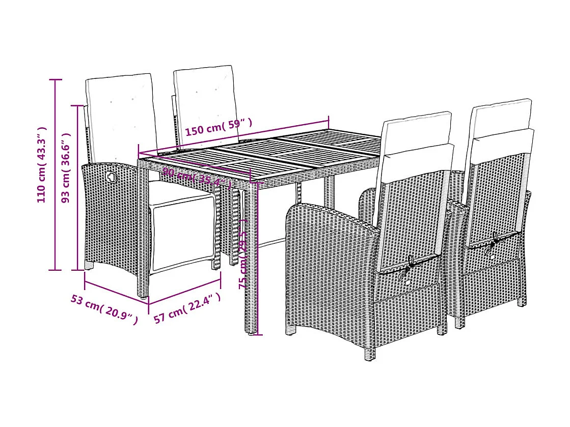 Fishers  5-delige Tuinset met kussens poly rattan grijs