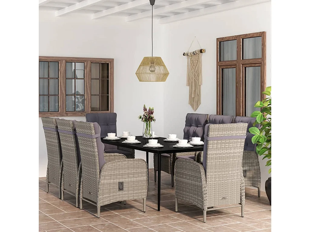 Vernon  Ensemble à manger de jardin et coussins 9 pcs Gris et noir