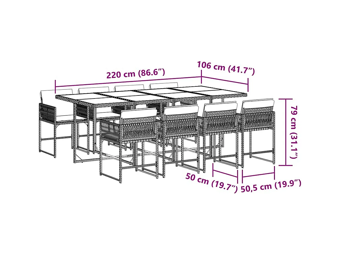 Sharif  Ensemble à manger de jardin 9 pcs coussins gris résine tressée