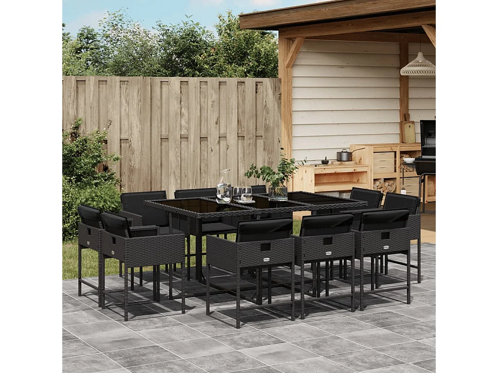 Brienne  Set de comedor jardín 11 pzas con cojines ratán sintético negro