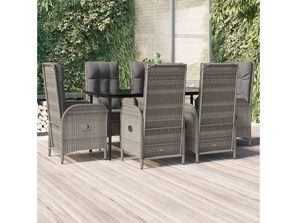 Lochem  Ensemble à manger jardin et coussins 7 pcs Noir et gris Rotin