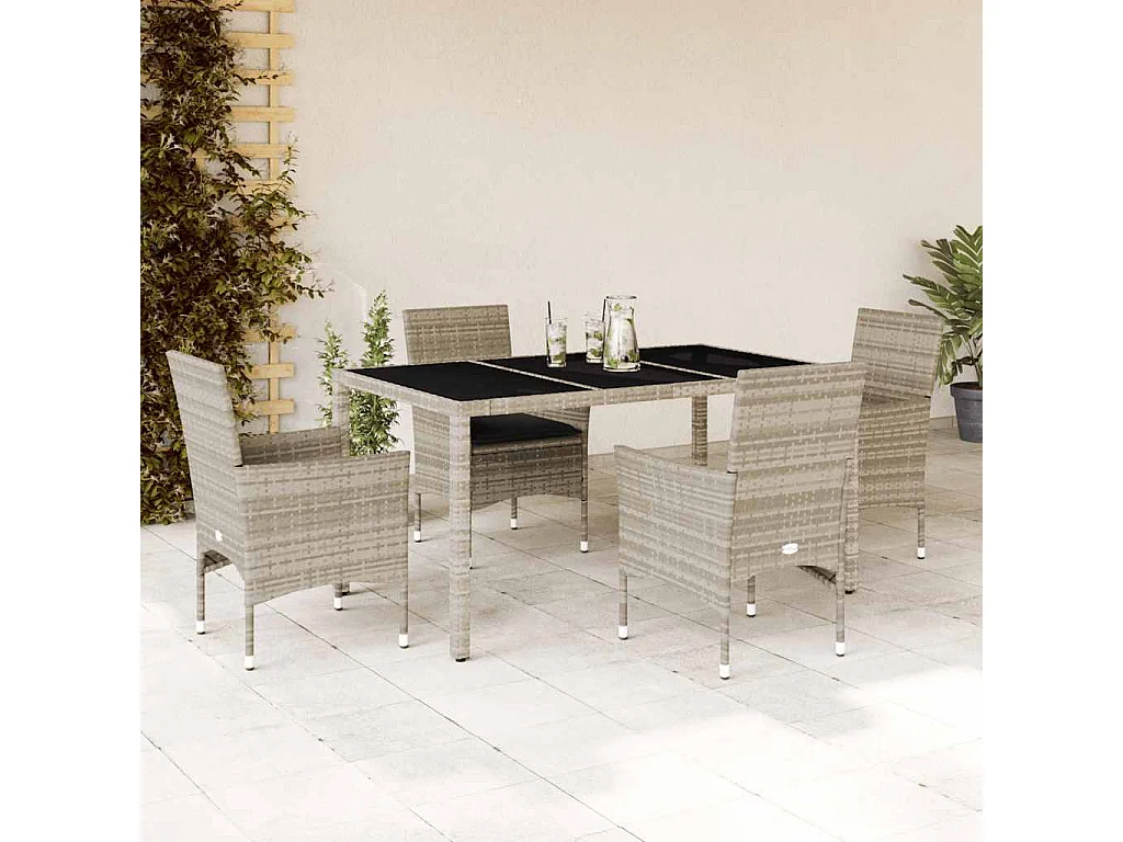 Stafford Springs  Ensemble à manger de jardin avec coussins 5 pcs rotin et verre