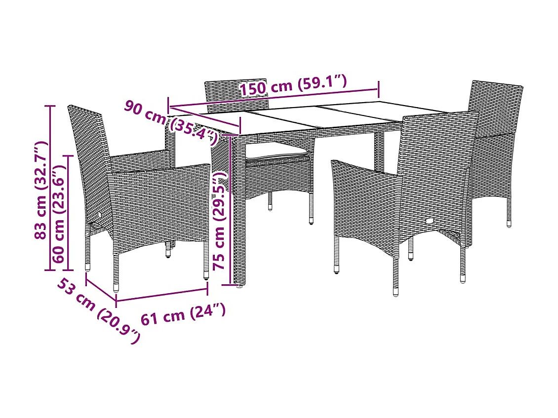 Stafford Springs  Ensemble à manger de jardin avec coussins 5 pcs rotin et verre
