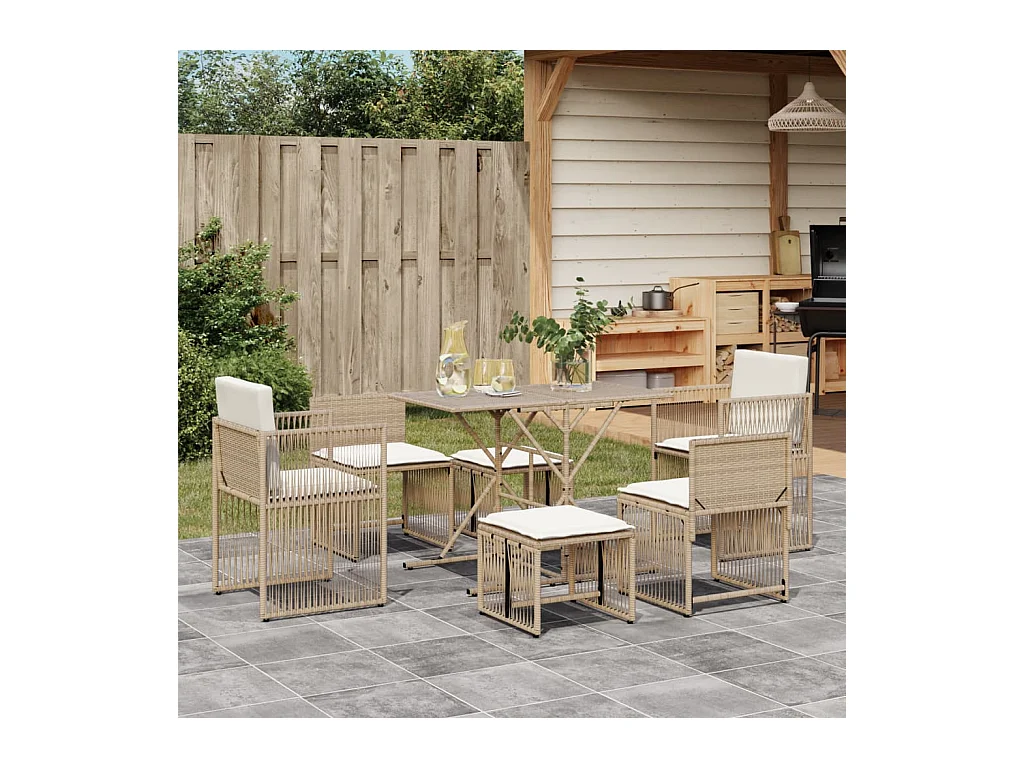 Cille  Ensemble à manger de jardin et coussins 7 pcs beige poly rotin