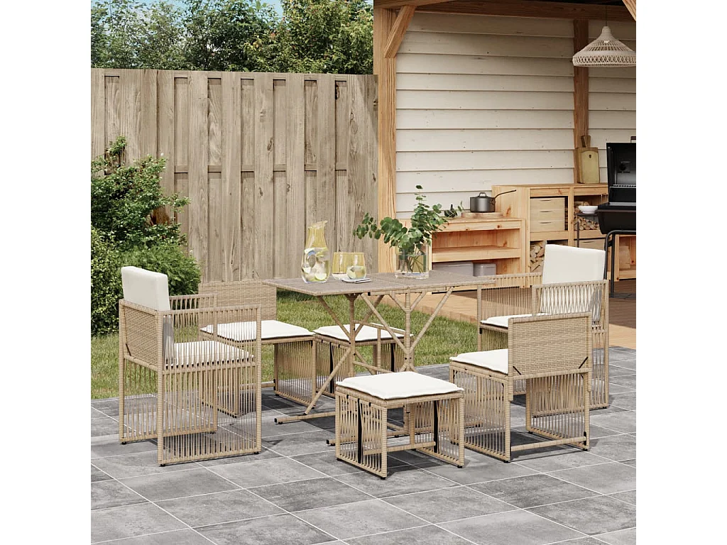 Cille  Ensemble à manger de jardin et coussins 7 pcs beige poly rotin