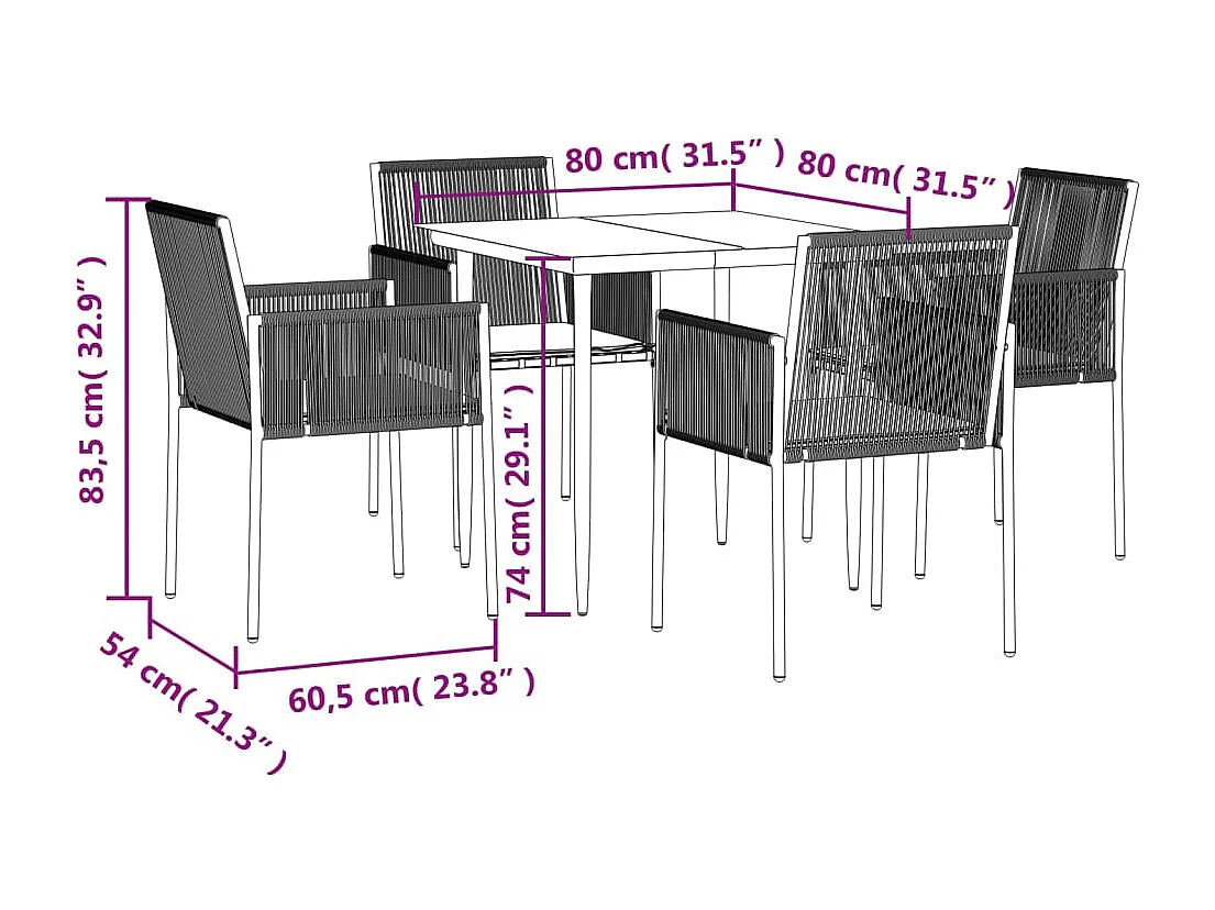 Giovanni Carlo  Set comedor jardín 5 pzas y cojines acero ratán sintético negro