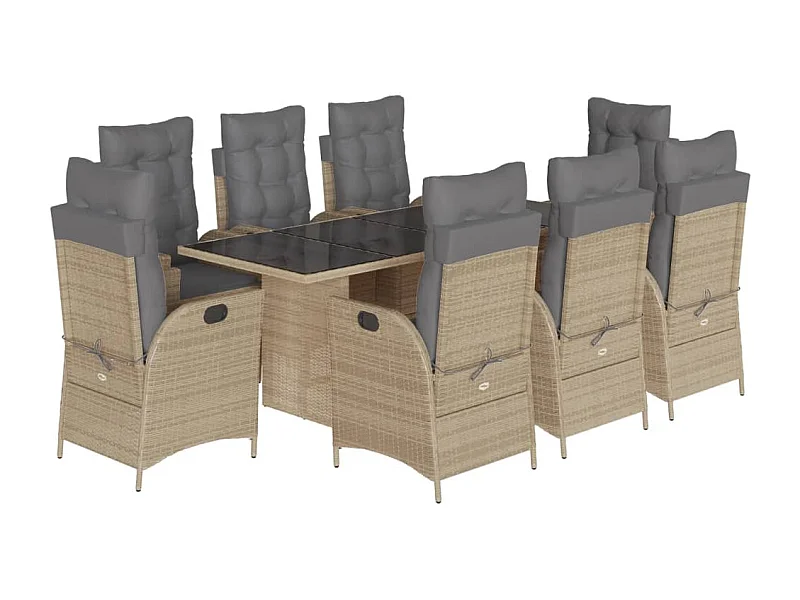 Emory  Set comedor de jardín 9 pzas con cojines ratán sintético beige