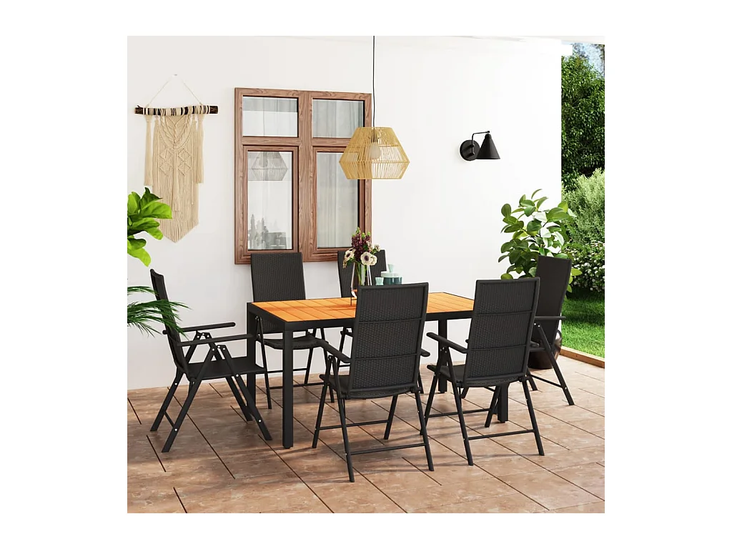 Garden Furniture -  Juego de comedor de jardín 7 piezas negro y marrón