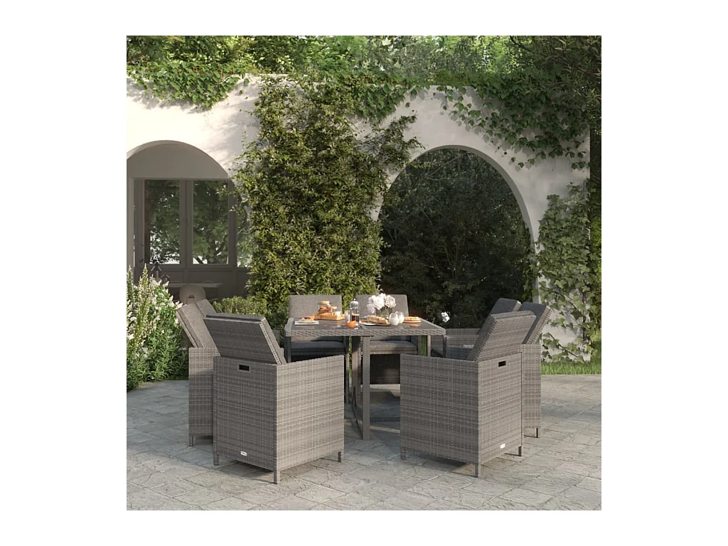 Hugo  Ensemble à manger de jardin coussins 9pcs Résine tressée Gris