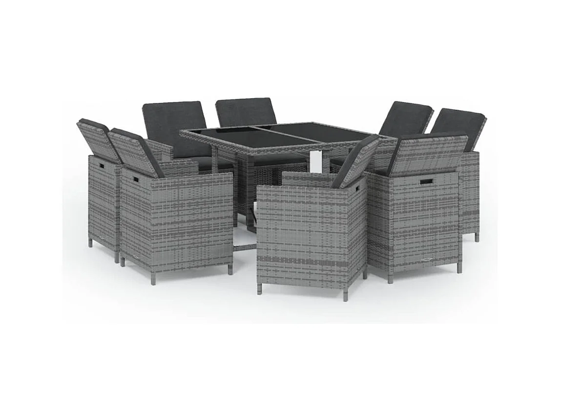 Hugo  Ensemble à manger de jardin coussins 9pcs Résine tressée Gris