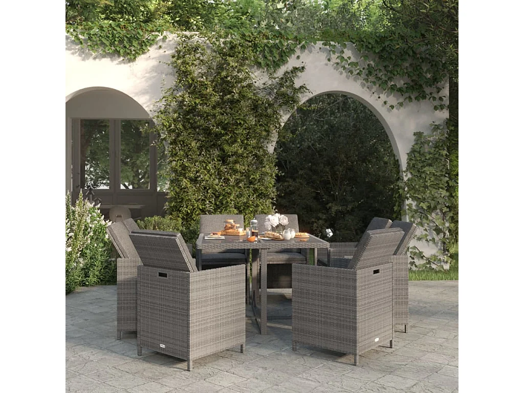 Hugo  Ensemble à manger de jardin coussins 9pcs Résine tressée Gris