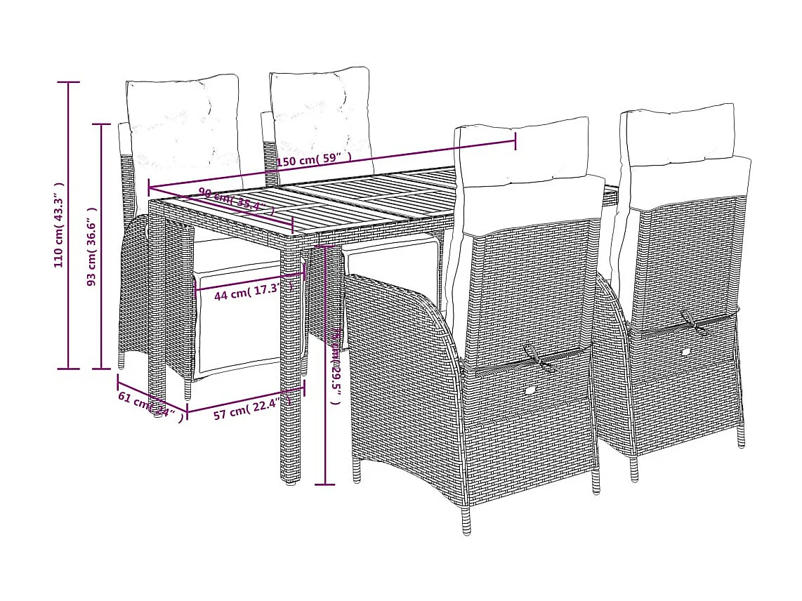 Elviraa  5-delige Tuinset met kussens poly rattan grijs