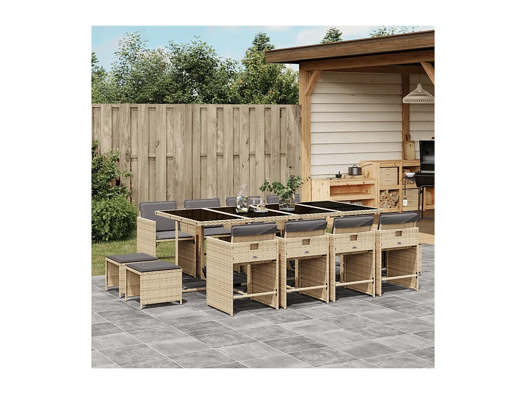 Zenn  Set comedor de jardín con cojines 13 pzas ratán sintético beige