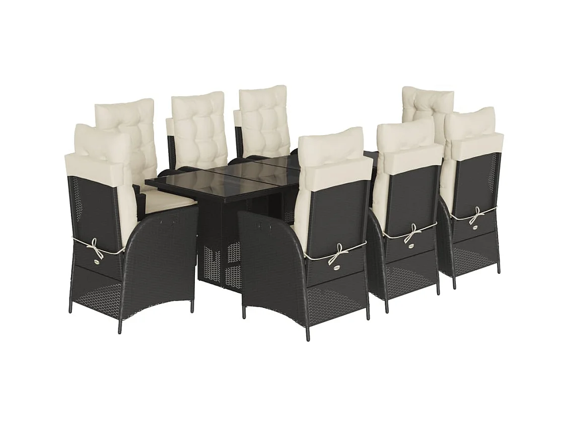 Emory  Set de comedor de jardín 9 pzas y cojines ratán sintético negro
