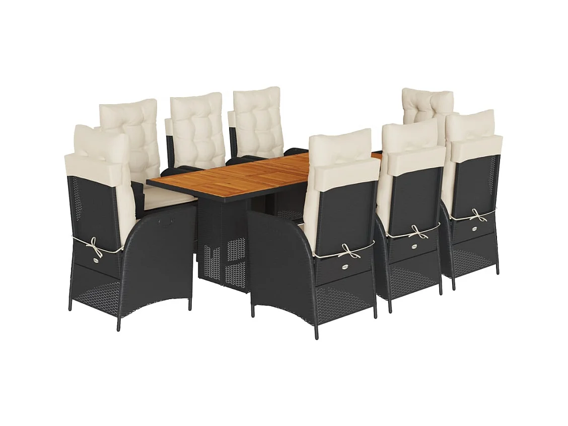 La Palma  Ensemble à manger de jardin 9pcs coussins noir résine tressée