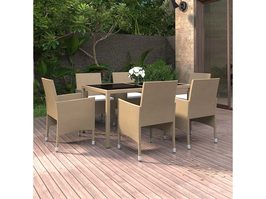 Tania  Set de comedor de jardín 7 pzas ratán sintético vidrio beige