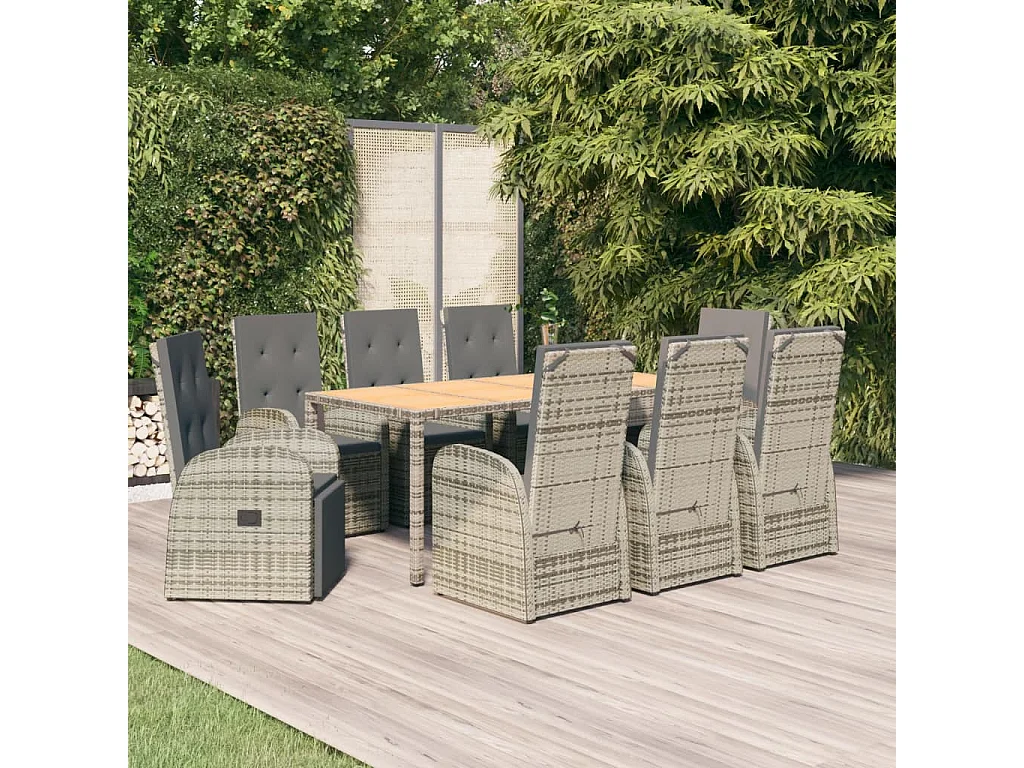 Ringsted  Set comedor jardín 9 pzas y cojines ratán sintético gris