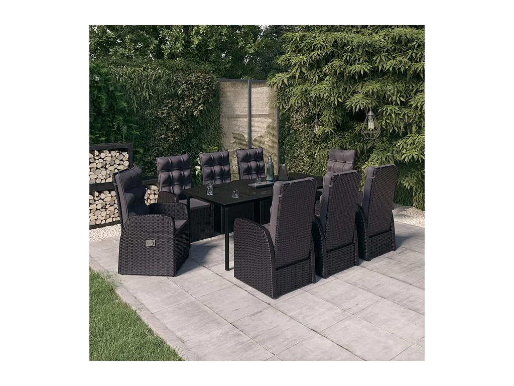 Batur  Juego de comedor de jardín 9 piezas con cojines negro