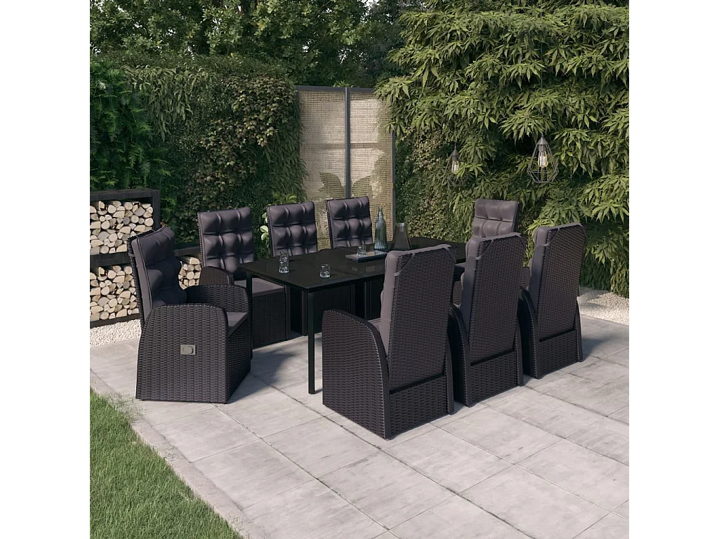 Batur  Juego de comedor de jardín 9 piezas con cojines negro