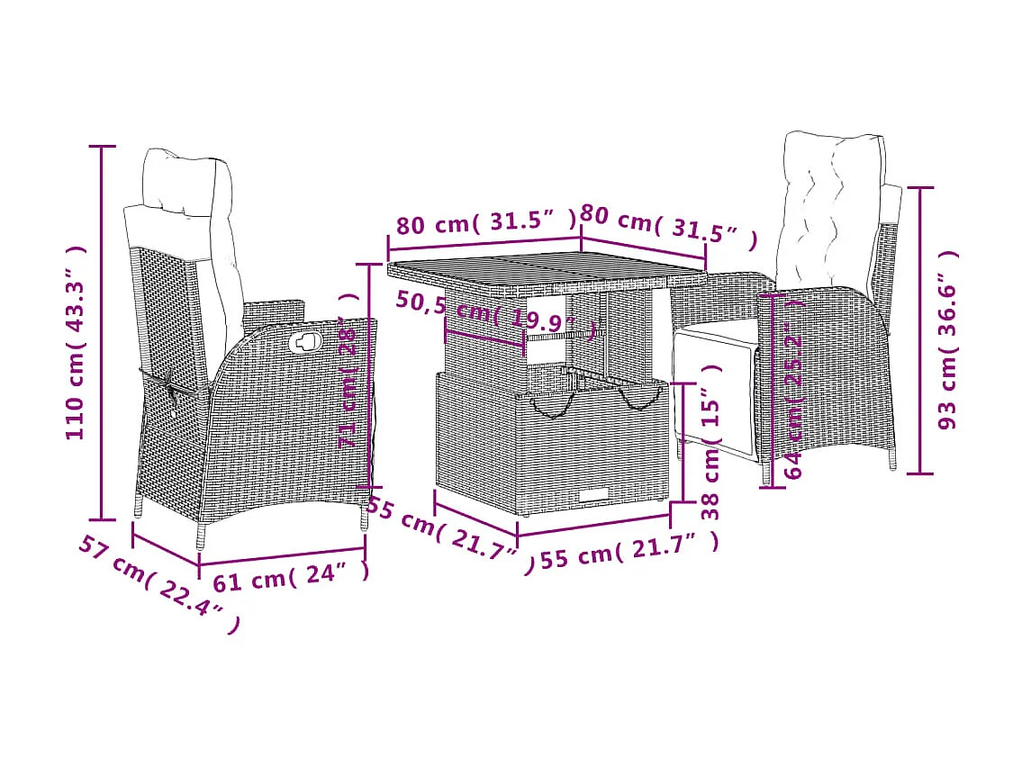 Marius  Ensemble à manger de jardin avec coussins 3 pcs Noir