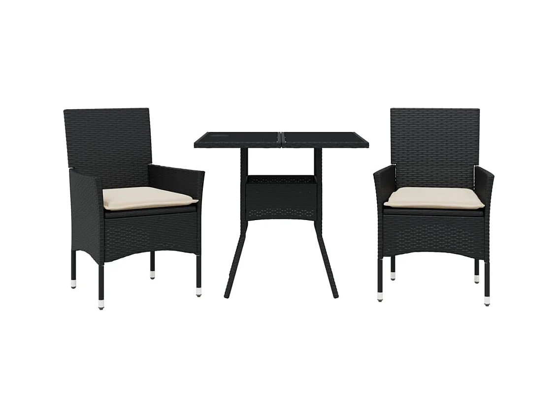 Yorba Linda  Ensemble à manger de jardin et coussins 3 pcs noir rotin verre